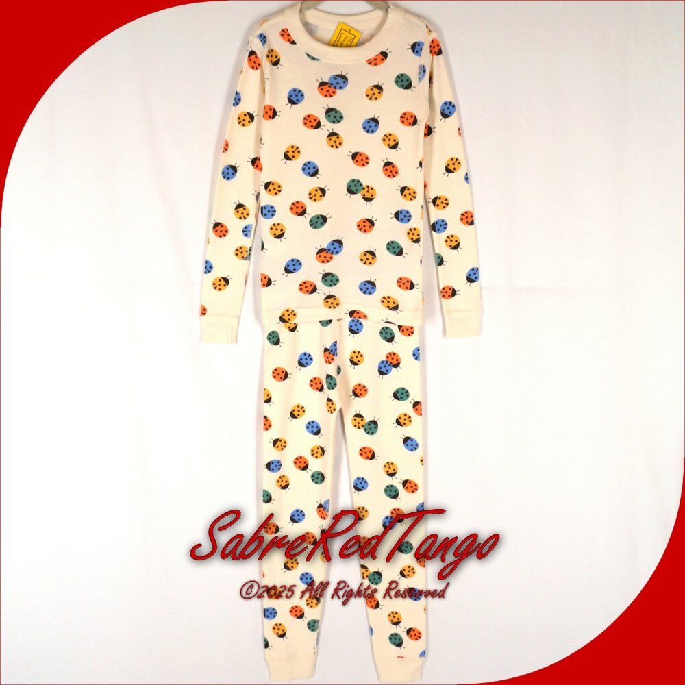 NWT Hanna Andersson Organic Long Johns Pajamas Ladybugs Print Ecru 120 6 7